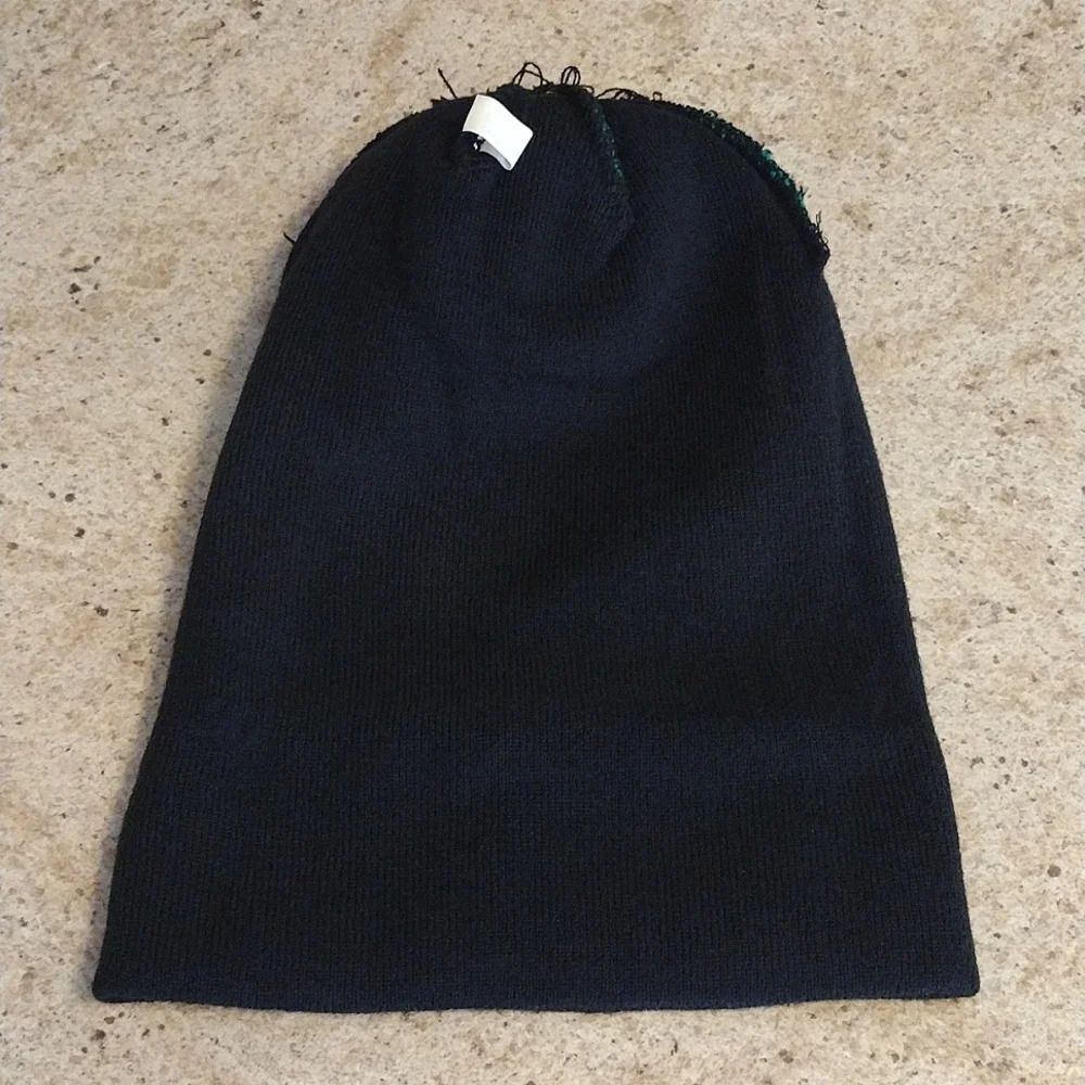 Black‎ Green Leaf Print Grunge Cuffed PomPom Knit Beanie NWOT - Picture 11 of 14